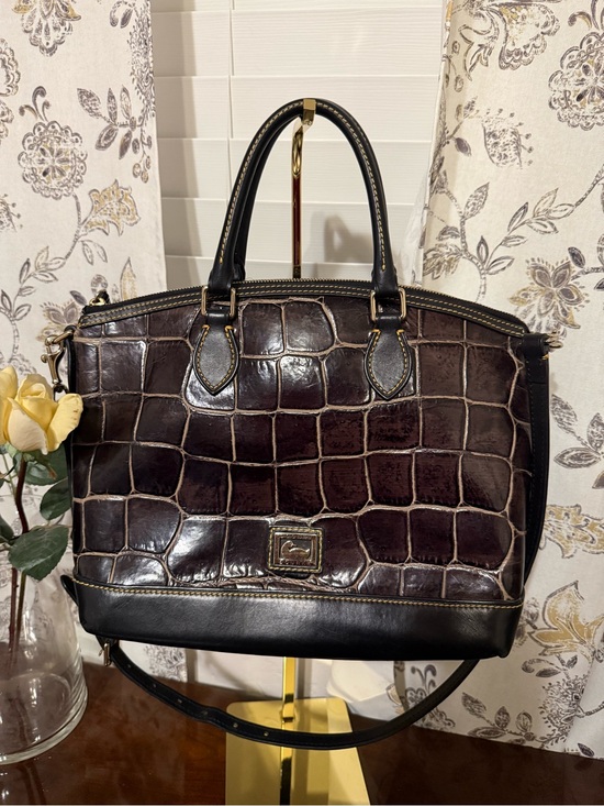 Dooney & Bourke Handbags - Dooney & Bourke Dark Brown Croc-Embossed Satchel with Black Trim w cosmetics bag